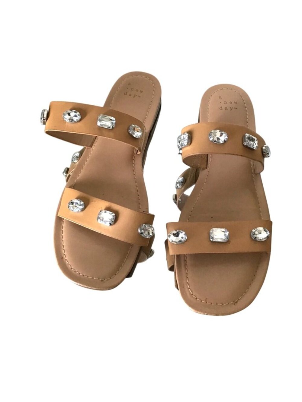 New Day Women's Tan Jeweled Slide Sandals Size 9.5